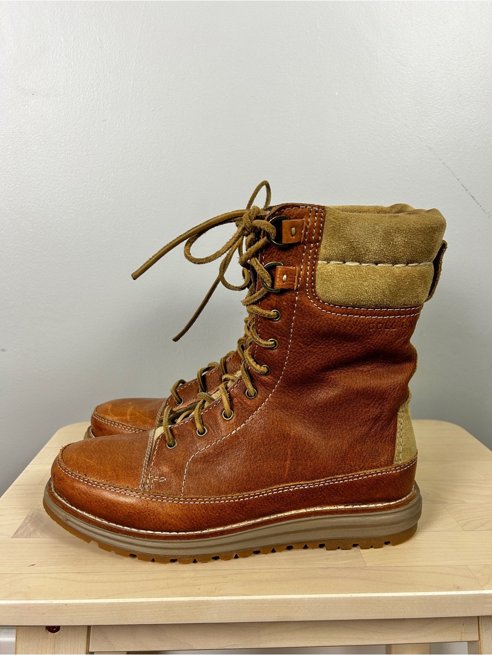 COLE HAAN Lockridge Leather Boots 8 Lace Up Brown Moc Toe Waterproof Hiker